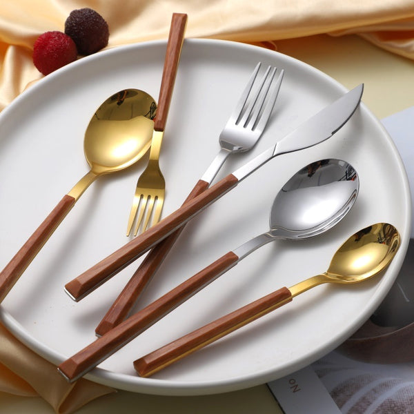 Wooden Handle Silverware Set 5-Piece