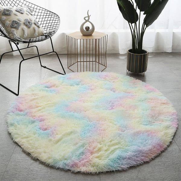 Bright Rainbow Fluffy Circle Rug
